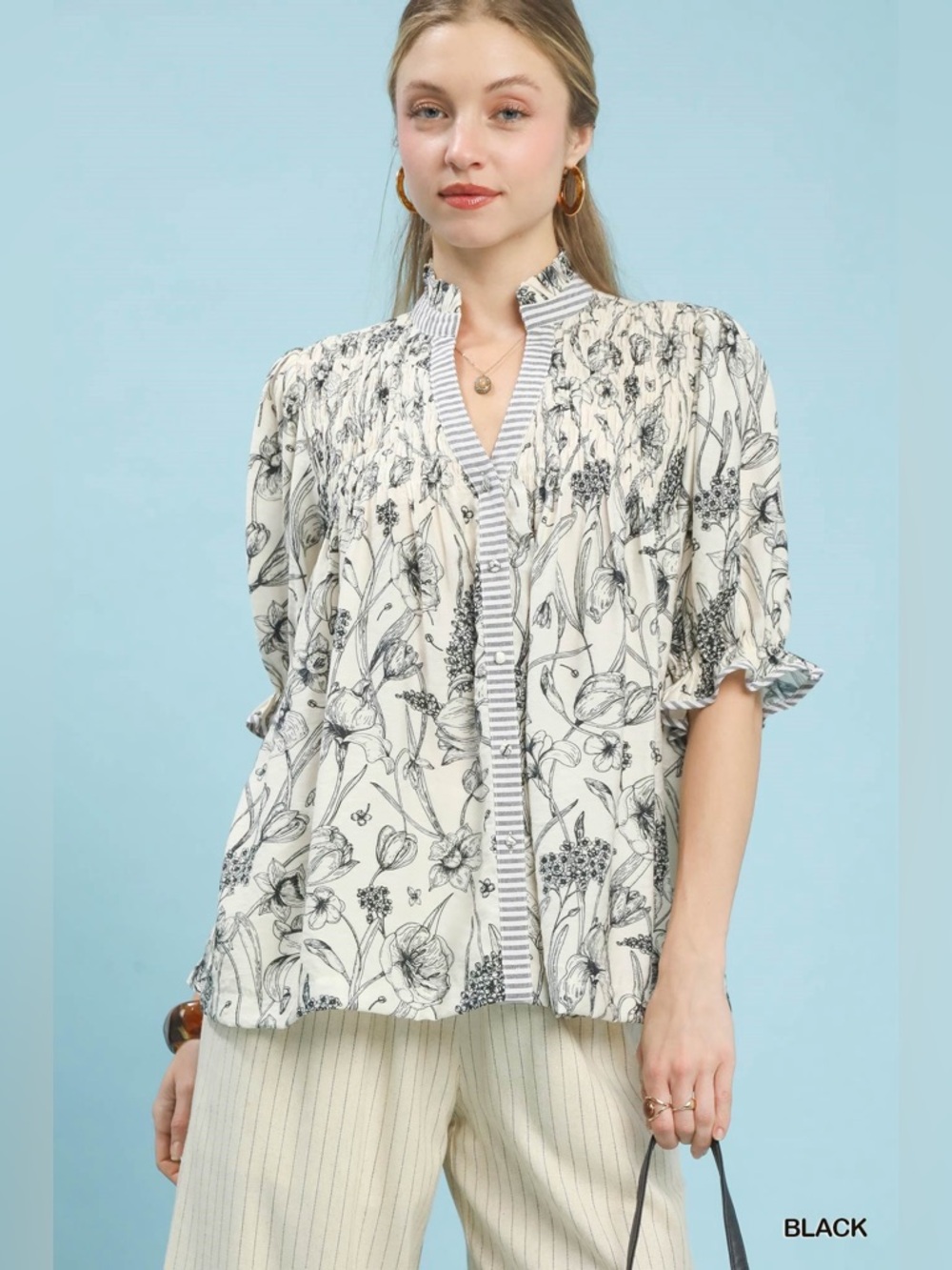 Umgee Mixed Print Button Front Top